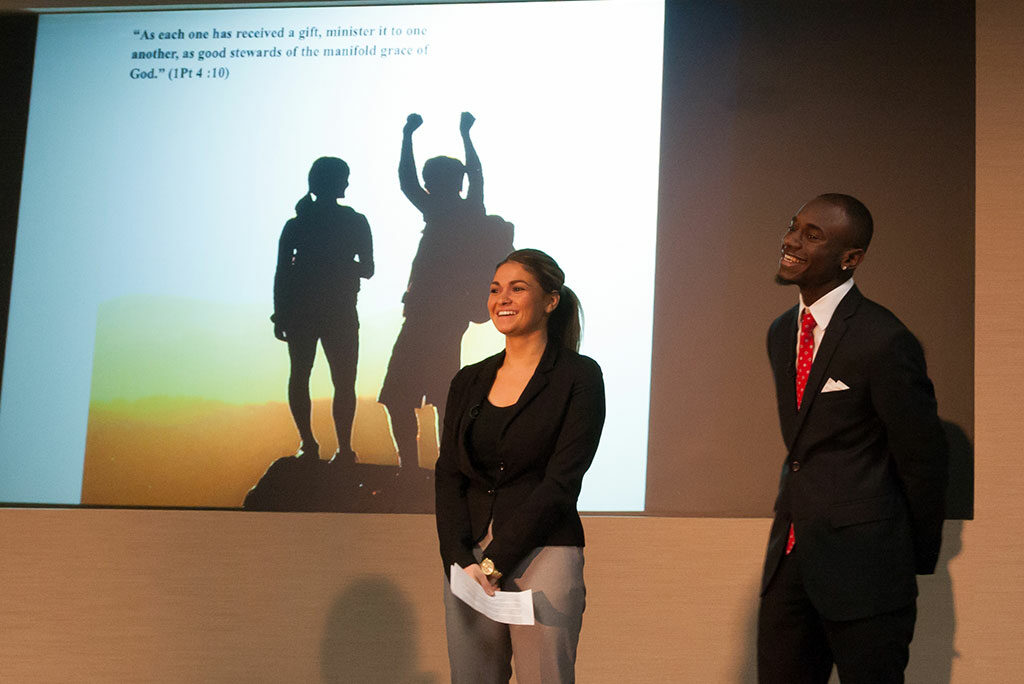 Concordia College—New York, Bronxville, students Jenny Martin and Ovan Oakley make their presentation at Lutheran Church Extension Fund’s National Student Marketing Competition, April 15 at the LCMS International Center. Nine Concordia University System schools participated in the fifth annual event. (LCEF/Jay T Garrott)