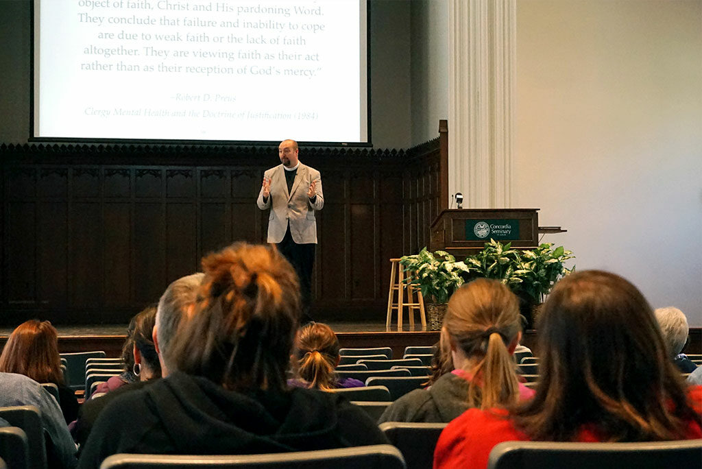 The Rev. Todd Peperkorn, pastor of Holy Cross Lutheran Church, Rocklin, Calif., provides a theological perspective on mental illness at LCMS Life Ministry’s “The Church and Mental Health” workshop April 9 at Concordia Seminary, St. Louis. (LCMS/Megan K. Mertz)