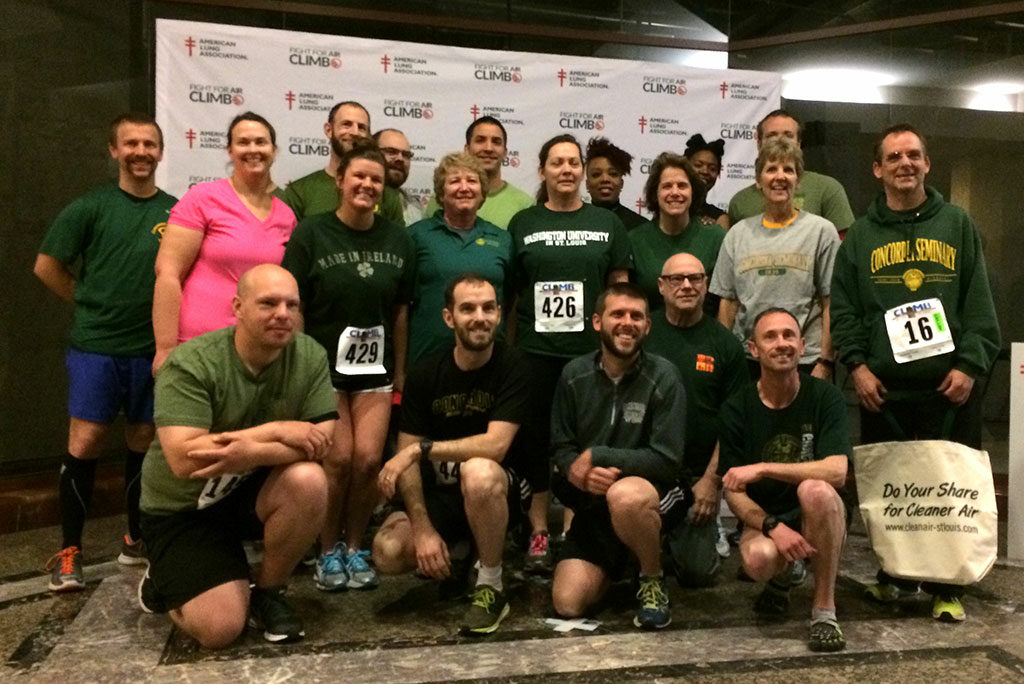 The Stair Climb Team of Concordia Seminary, St. Louis, poses for a photo during the annual “Fight For Air Climb” April 2 in St. Louis. They were the second-fastest among 150 teams that climbed 40 floors of stairs to raise money for the American Lung Association. (Courtesy of Concordia Seminary)