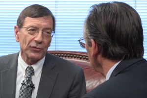 In this scene from the new video "Licensed Lay Deacon Task Force Recommendations," the Rev. Russell L. Shewmaker, left, chairman of the LCMS Mid-South District's Licensed Lay Deacon Committee, talks with district President Rev. Dr. Roger C. Paavola about the recommendations of the Resolution 4-06A Task Force.