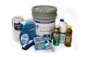 Supplies that make up a "flood bucket" include paper towels, cleansing powder, liquid cleaner, bleach, rubber gloves and other items. (LCMS/Erik M. Lunsford)