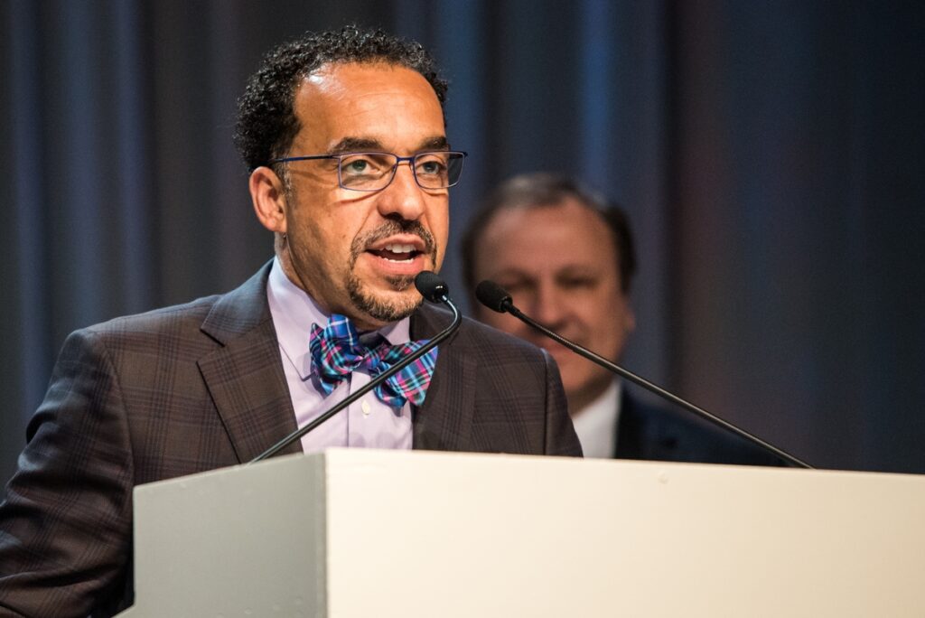 The Rev. Dr. John A. Nunes, president of Concordia College–New York, addresses delegates on Monday, July 11, at the 66th Regular Convention of The Lutheran Church–Missouri Synod in Milwaukee. (LCMS/Frank Kohn)