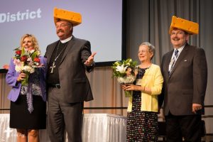 From right, the Rev. Dr. Herbert C. Mueller Jr., his wife, Faith, the Rev. Dr. Matthew C. Harrison and his wife, Kathy, enjoy a light moment July 10 during the 66th Regular Convention of The Lutheran Church–Missouri Synod at the Wisconsin Center in Milwaukee. (LCMS/Frank Kohn)