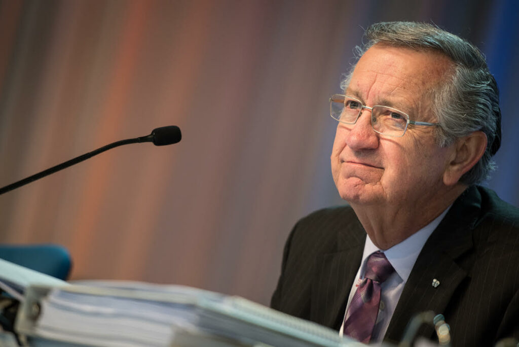 The Rev. Dr. Raymond L. Hartwig hears the convention's recognition July 14 for his 18 years of faithful service as secretary of the Synod. (LCMS/Michael Schuermann)