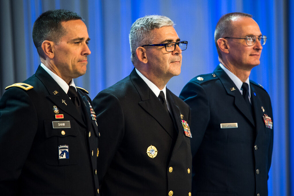 From left, Chaplain Jonathan Shaw, Chaplain Gregory Todd and Chaplain Gregory Jans are recognized for ministry and service on Monday, July 11, during the 66th Regular Convention of the LCMS in Milwaukee. (LCMS/Frank Kohn)