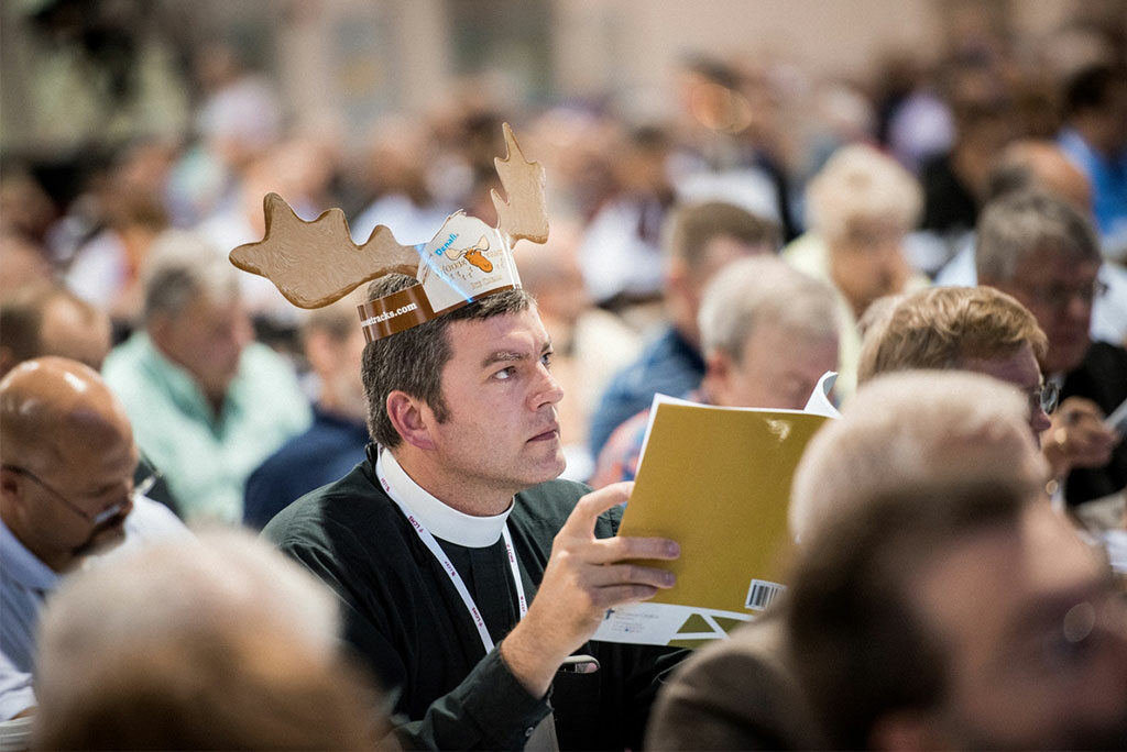 The Rev. Chadric Dietrich, pastor of Immanuel Lutheran Church in Rockwell City, Iowa, listens during the July 12 convention session in Milwaukee. (LCMS/Michael Schuermann)