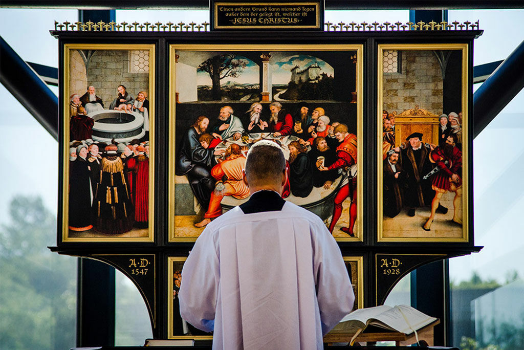 The Rev. William C. Weedon leads Matins Sept. 19, during the chapel service in which the replica of the Reformation Altar piece was blessed. (LCMS/Frank Kohn)