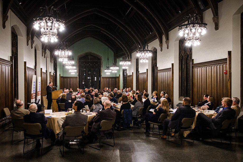 The Rev. Dr. Daniel Harmelink, Concordia Historical Institute (CHI) executive director, speaks during this year’s CHI awards banquet. The institute’s Awards Committee presented 17 “Awards of Commendation” for works published in 2015. (LCMS/Erik M. Lunsford)