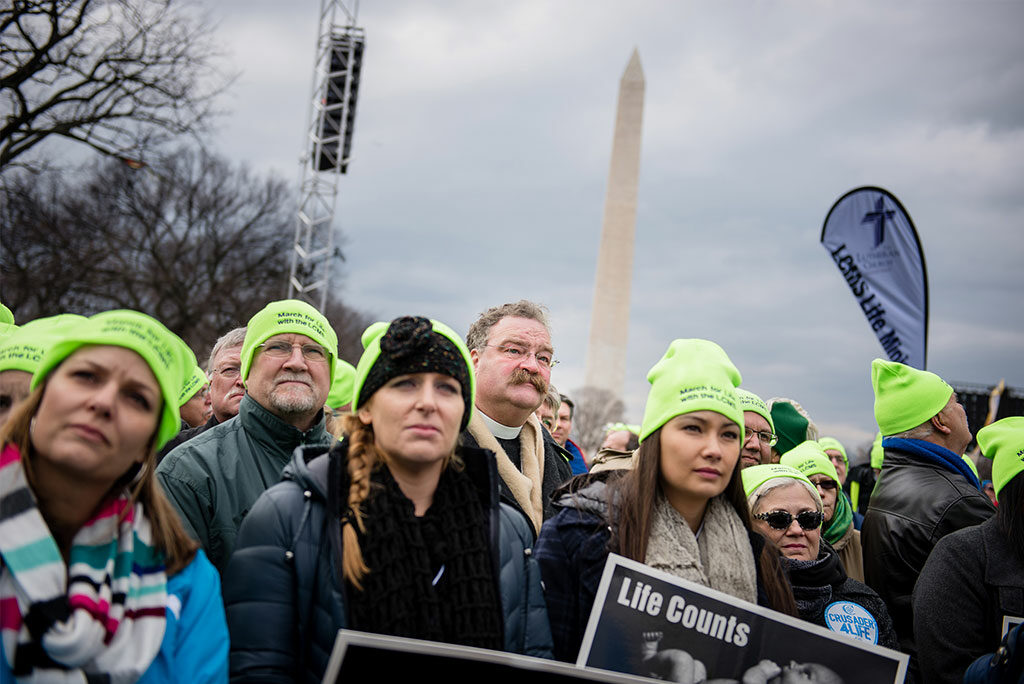 LCMS President Rev. Dr. Matthew C. Harrison (center, in clerical collar) joins fellow Lutherans from around the United States during the Jan. 22, 2015, March for Life in Washington, D.C. To his right is the Rev. John Fale, executive director of the LCMS Office of International Mission. (LCMS/Erik M. Lunsford)