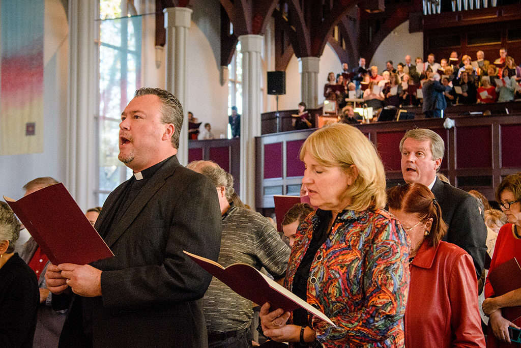 Worshipers sing during the service for the Synod’s inaugural celebration of the 500th Reformation anniversary year in the Chapel of St. Timothy and St. Titus on the campus of Concordia Seminary, St. Louis. (LCMS/Frank Kohn)
