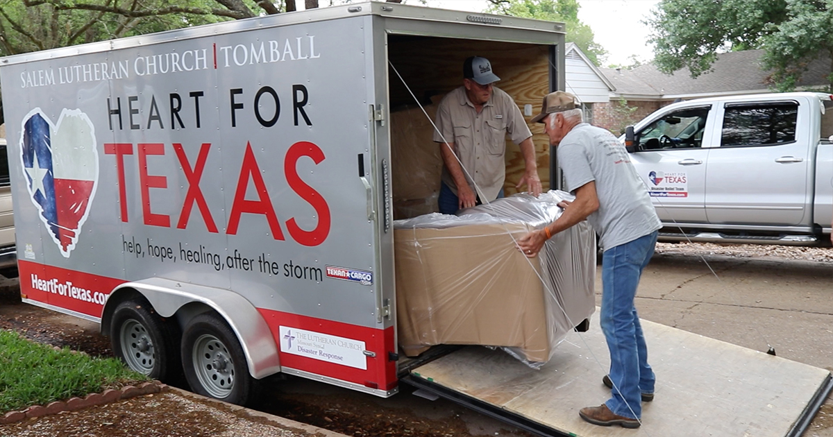 Heart for Texas volunteers unload furniture to help a flooded Houston-area homeowner recover from Hurricane Harvey in 2017. Some 100 families are expected to get new and needed furnishings through the latest relief effort by the Tomball-based coalition of Lutheran partners. (Heart for Texas)