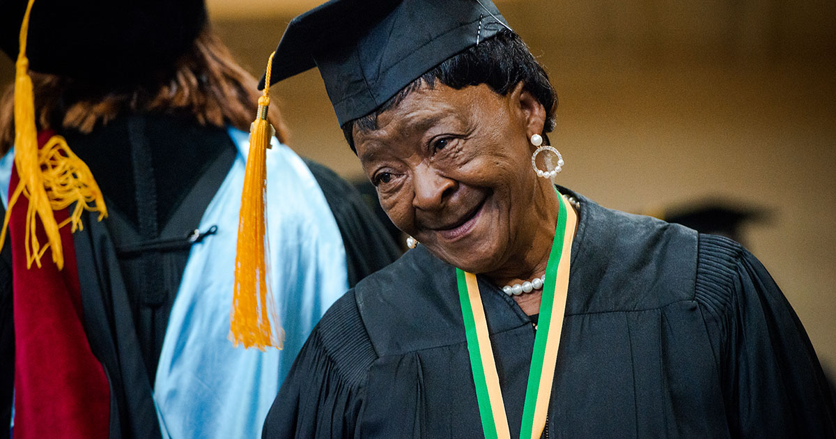 Among the 147 graduates earning a bachelor’s degree, Concordia College Alabama’s Class of 2018 included a 70-year-old woman (above), students from African countries, and students who have overcome significant personal challenges in their educational pursuits. (LCMS/Erik M. Lunsford)