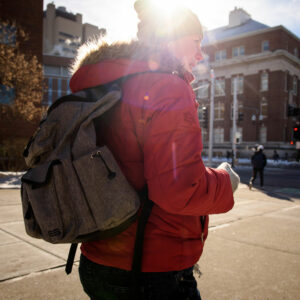 LCMS national missionary Rebecca Wagner walks to meet with a student on Feb. 21, 2018, at the University of Minnesota in Minneapolis. Wagner serves alongside the Rev. David Kind at University Lutheran Chapel and focuses on outreach to international students. (LCMS/Erik M. Lunsford)