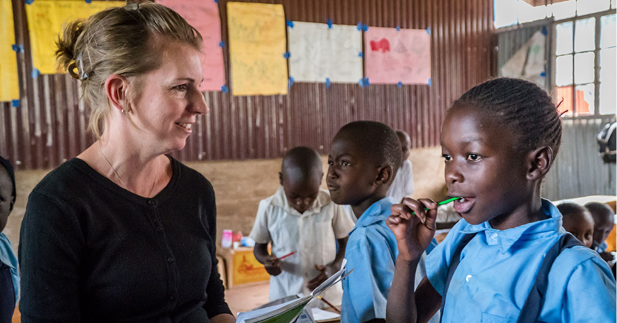 Britt Odemba, LCMS career missionary to Kenya, teaches first-grade students at Karama Academy, a Lutheran school in Kibera, the largest slum in Africa. Odemba, who is an educational consultant at the school, recently celebrated five years serving in Kenya. (Yasser Berenjkoup)