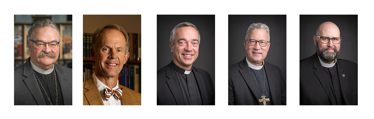 The 2023 candidates for Synod president are, from left to right, the Rev. Dr. Matthew C. Harrison; the Rev. Dr. Patrick T. Ferry; the Rev. Richard L. Snow; the Rev. Peter K. Lange; and the Rev. Benjamin T. Ball.