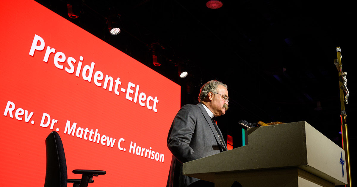 The Rev. Dr. Matthew C. Harrison’s re-election as Synod president is recognized by the convention on July 30 in Milwaukee. (LCMS/Erik M. Lunsford)