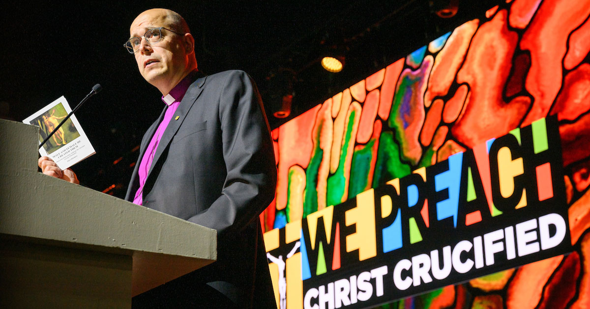 The Rev. Dr. Juhana Pohjola, bishop of the Evangelical Lutheran Mission Diocese of Finland, addresses the 68th Regular Convention of The Lutheran Church—Missouri Synod (LCMS) on Tuesday, Aug. 1, in Milwaukee. (LCMS/Erik M. Lunsford)