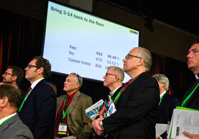 Floor Committee 5 watches as delegates debate recalling the committee to present Resolution 5-14 on Aug. 2 during the 68th Regular Convention of The Lutheran Church—Missouri Synod (LCMS) in Milwaukee, Wis. (LCMS/Erik M. Lunsford)