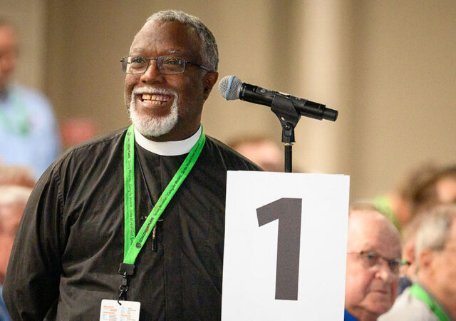 The Rev. Delwyn Campbell, delegate to the 68th Regular Convention of The Lutheran Church—Missouri Synod (LCMS), speaks during debate on Resolution 11-01 in Milwaukee. (LCMS/Frank Kohn)
