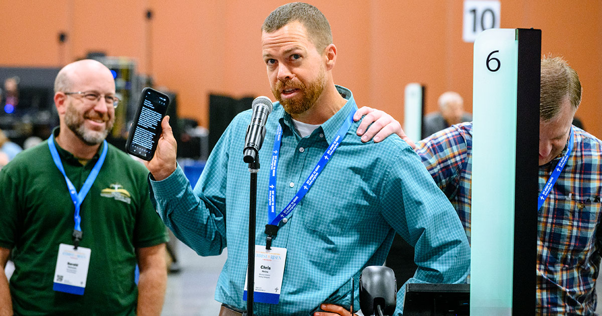Delegate Chris Heins speaks during the 69th Regular Convention of The Lutheran Church—Missouri Synod in Phoenix on Thursday, July 23, 2026. (LCMS/Frank Kohn)