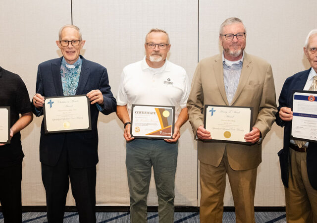 (From left) The Rev. Bernard Ross III, the Rev. Dr. Jeffery Nehrt, Dr. Thaddeus Warren, the Rev. Max Phillips and the Rev. Glenn Merritt were honored at the LCMS Office of National Mission banquet, held during the 2026 LCMS convention on July 20 in Phoenix. (LCMS/Frank Kohn)