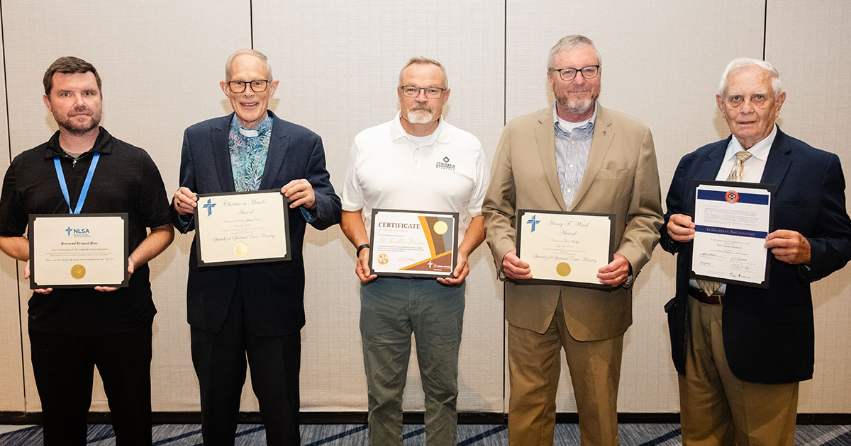 (From left) The Rev. Bernard Ross III, the Rev. Dr. Jeffery Nehrt, Dr. Thaddeus Warren, the Rev. Max Phillips and the Rev. Glenn Merritt were honored at the LCMS Office of National Mission banquet, held during the 2026 LCMS convention on July 20 in Phoenix. (LCMS/Frank Kohn)