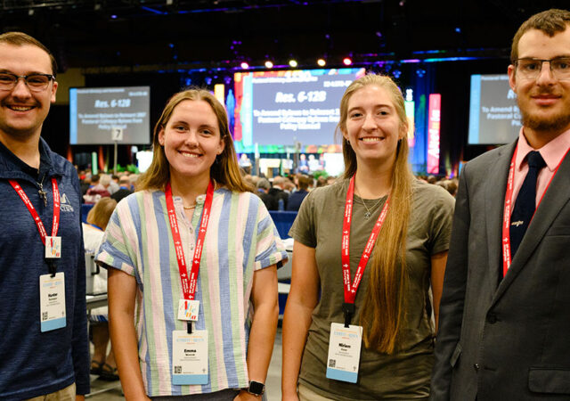 The four youth representatives at the 2026 convention, left to right, are Hunter Remington and Emma Wosnek of the LCMS Oklahoma District, and Miriam Kieser and Noah Waterbury of the LCMS Wyoming District. (LCMS/Frank Kohn)