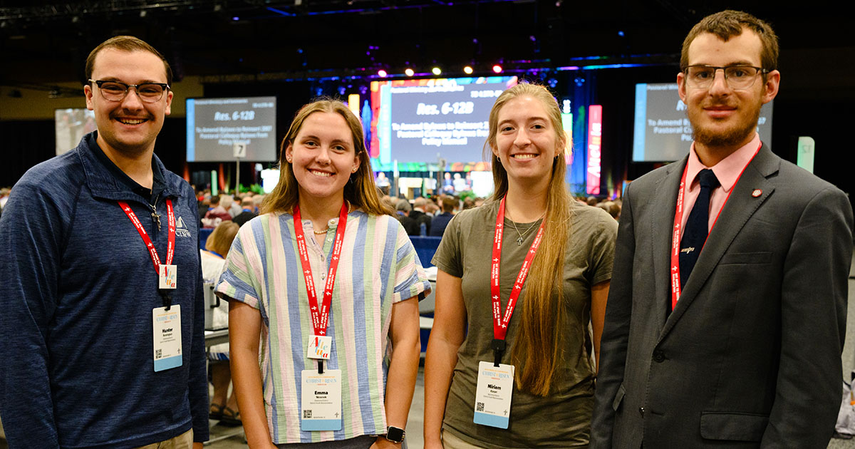 The four youth representatives at the 2026 convention, left to right, are Hunter Remington and Emma Wosnek of the LCMS Oklahoma District, and Miriam Kieser and Noah Waterbury of the LCMS Wyoming District. (LCMS/Frank Kohn)