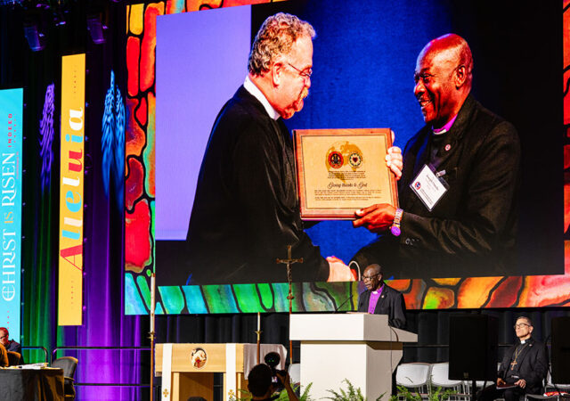 Archbishop Joseph Ochola Omolo of the Evangelical Lutheran Church in Kenya presents during the 69th Regular Convention of The Lutheran Church—Missouri Synod in Phoenix on Tuesday, July 21, 2026. (LCMS/Erik M. Lunsford)