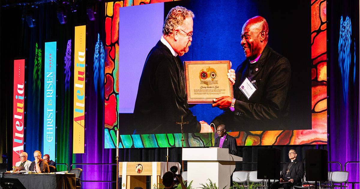 Archbishop Joseph Ochola Omolo of the Evangelical Lutheran Church in Kenya presents during the 69th Regular Convention of The Lutheran Church—Missouri Synod in Phoenix on Tuesday, July 21, 2026. (LCMS/Erik M. Lunsford)