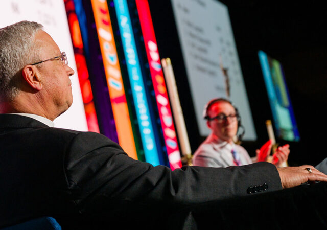 The Rev. Peter K. Lange listens as he is reelected LCMS first vice-president during the 69th Regular Convention of The Lutheran Church—Missouri Synod on July 19. (LCMS/Erik M. Lunsford)