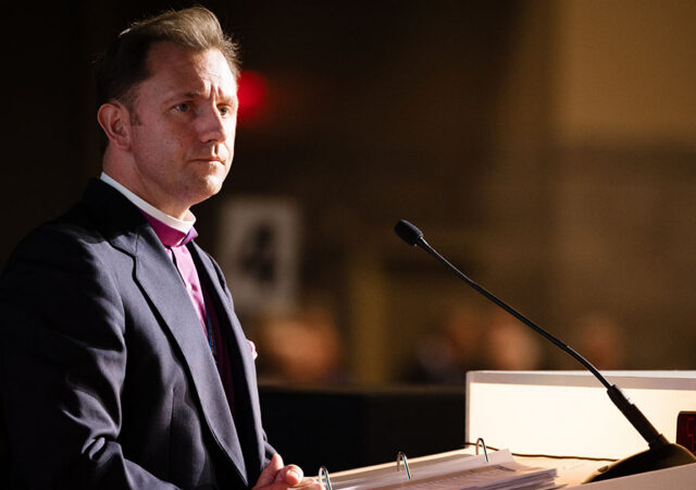The Rev. James Maxwell, president of the LCMS Rocky Mountain District and chair of Floor Committee 11, Registrations, Credentials and Elections, listens during a voting session at the 69th Regular Convention of The Lutheran Church—Missouri Synod in Phoenix on Tuesday, July 21. (LCMS/Frank Kohn)